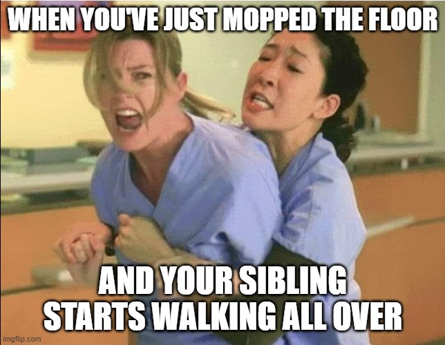 Meredith Grey Yelling Meme about cleaning floor