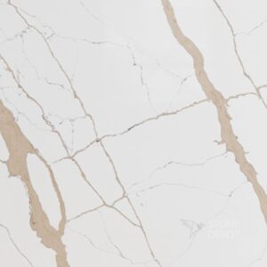 Marble-inspired white quartz countertop with bronze-colored veins