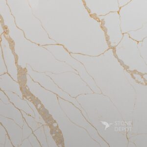Marble-inspired white quartz countertop with golden veins